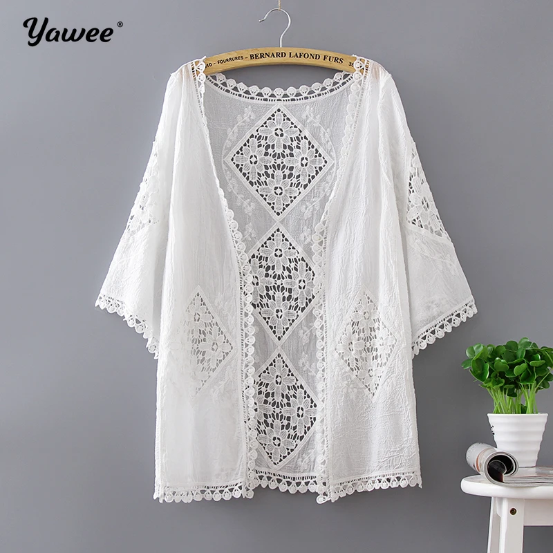 

2020 Casual Loose Woman Shirt Fashion Half Sleeve Kimono Cardigan Blouses Kimono Summer Women Tops Hollow Out White Lace Blouse
