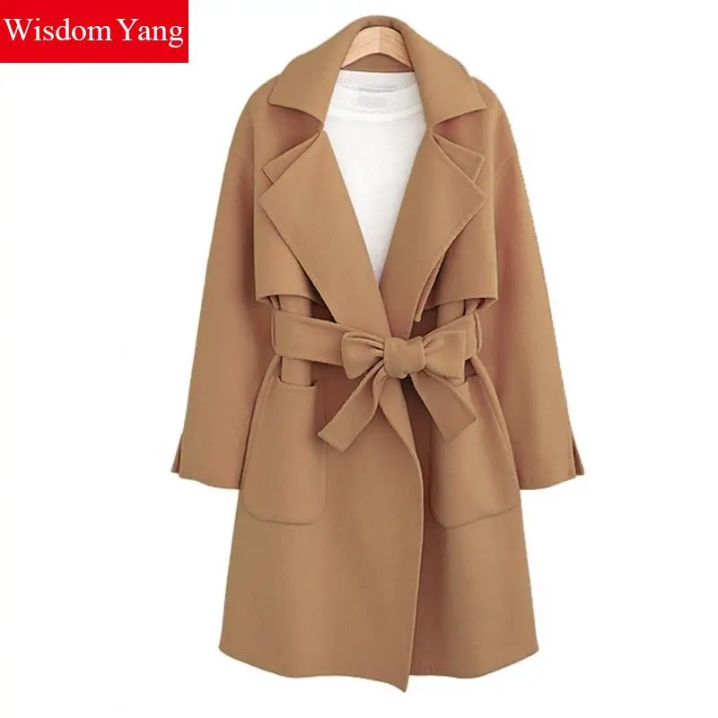 

Wisdom Yang Women's Sheep Wool Coats Wine Red Camel Blet Warm Winter Elegant Bandage Trench Long Coats 2017 Casacos Feminino