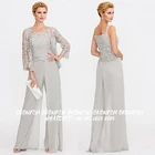 Платье для матери невесты, брючный костюм с разрезом, комплект из 3 предметов, брючные костюмы, шифоновые кружевные вечерние платья для гостей свадебной вечеринки с серебристым сердечком