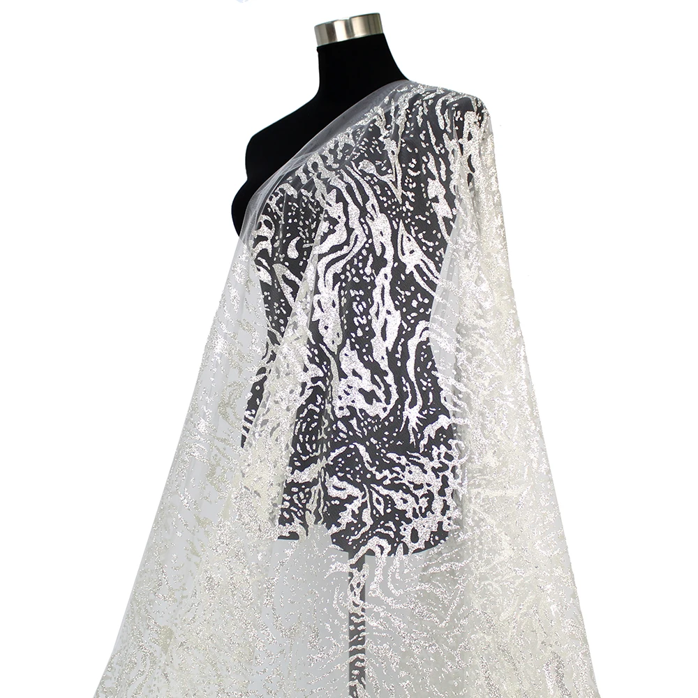 

Sparkling Irregular Luxury Design Bridal White High Quality Laces Silver Glitter Sequin Fabric 5 Yards Wedding Dresses Material