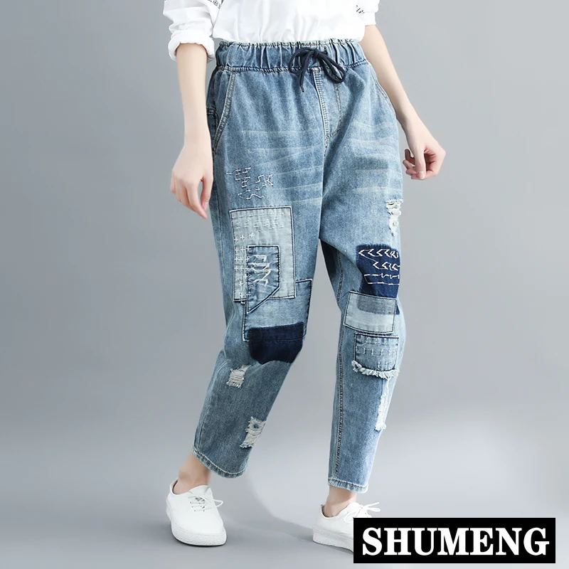 Арт Стиль исправленными повседневные свободные джинсы женские винтажные рваные