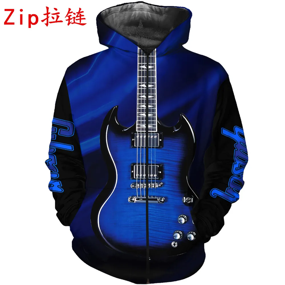 

New Fashion Mens Sweatshirt Blue Electric Guitar 3D Printed Hoodies Unisex Harajuku Casual Zipper Hoodies WY0159