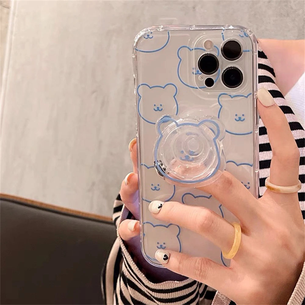 

Новинка INS корейский милый медведь кронштейн Прозрачный чехол для телефона iPhone 13 12 11 Pro XS Max Xr SE 7 8 Plus держатель Мягкая задняя крышка из ТПУ