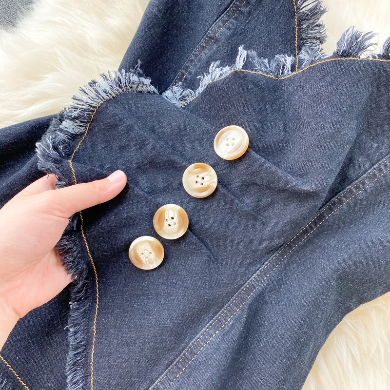 

Chic Design Woman Denim Short Pants Suit Outfits Women Summer Tassel Strapless Jeans Tops+ Shorts Sets