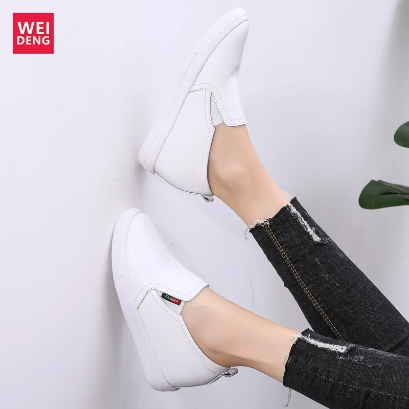 WeiDeng Women Genuine Leather Leisure Shoes Platform Flat Slip On Casual Female Light Fashion Comfort Increase 6cm | Обувь