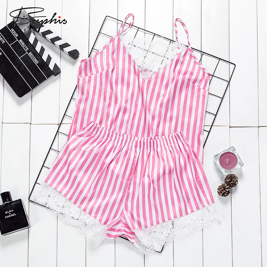 Suphis Сексуальная кружевная Пижама с v образным вырезом для сна Женская Полосатая