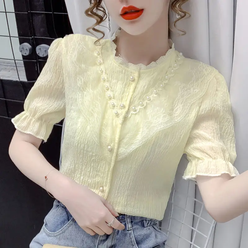 

2021 short-sleeved shirt ladies fashion niche puff sleeve top temperament pleated chic shirt