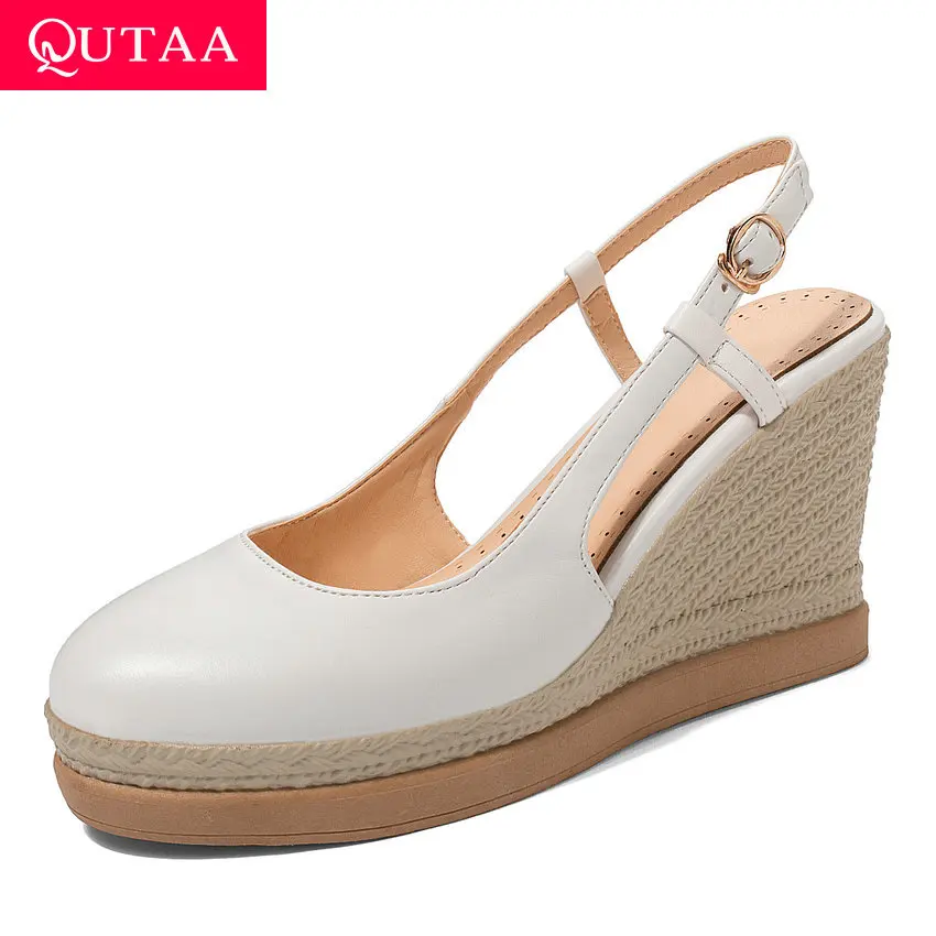 Женские туфли на танкетке QUTAA черные лодочки из искусственной кожи платформе с