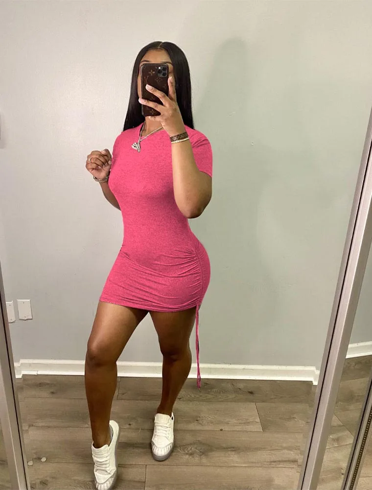 

2022 New Black Ruched Drawstring Sexy Ladies Dress Women Short Sleeve Elastic Bodycon Mini Dresses Casual Party Dress