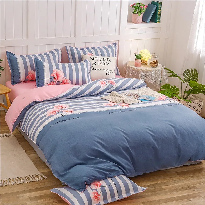 

Hibiscus Duvet Cover Set 4pcs Bedding Set Luxury Print Stripe Grid Double Queen King Pillowcase Simple Quilt Cover Bedclothes