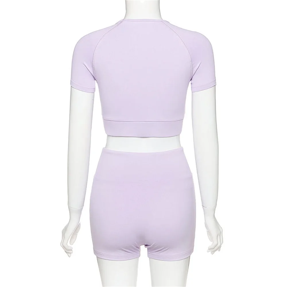 

Fyrneh Women 2 Piece Outfits Basic Simple Short Sleeve O Neck Top And Shorts Workout Suit Summer New Jogging Fitting Tracksuit