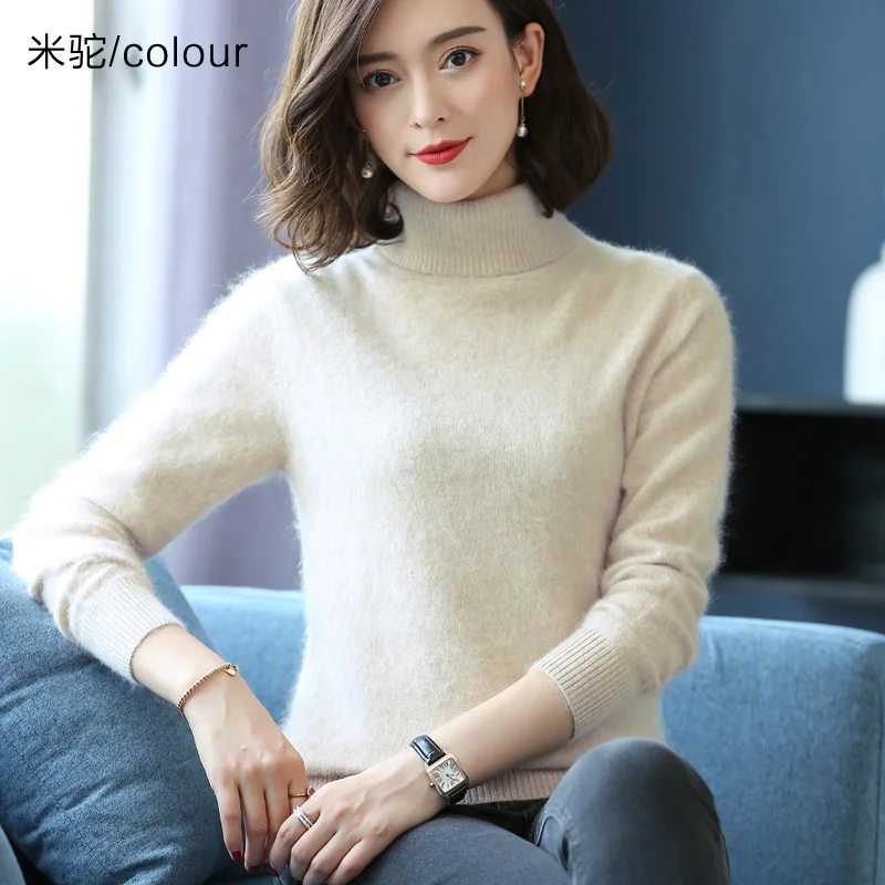 

Winter Women Sweater Solid Color 100% Mink Cashmere Turtleneck Knitted Pullovers Slim Soft Warm Female Long Sleeve Sweater S-XXL