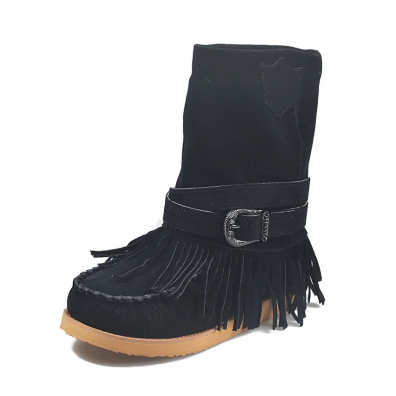 

2020 New Winter Women's Boots Fashion Tassel Buckle Women Flat Boots Mid-calf Warm Women Snow Boots Square-Toe Zapatos De Mujer