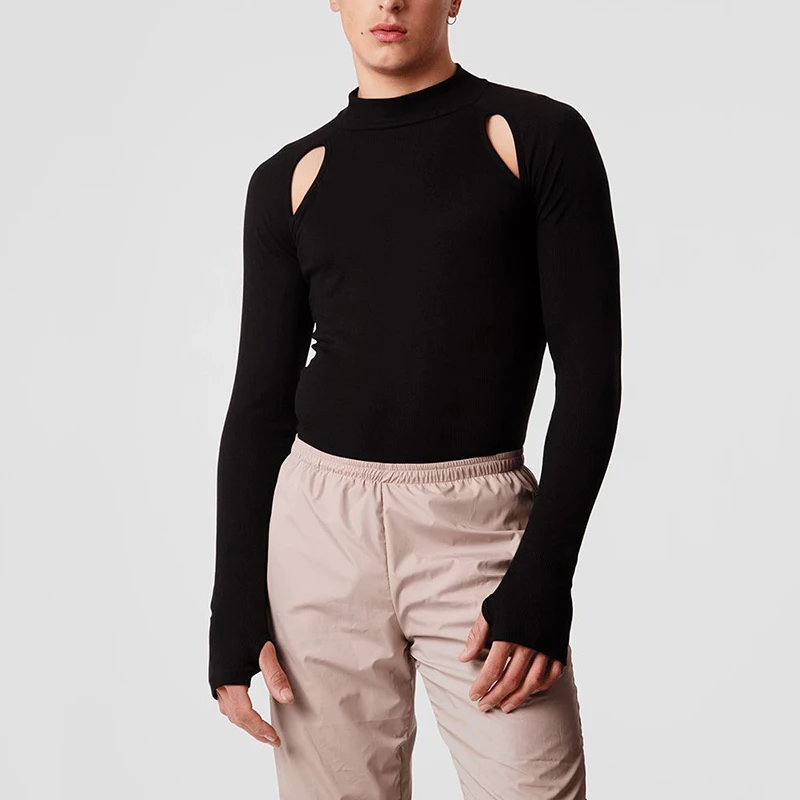 

Stylish Sexy Men Long-sleeved T-shirt Casual Streetwear Male Hollowed Out Irregular Solid Slim Tops Pullover Spring Mens Clothes