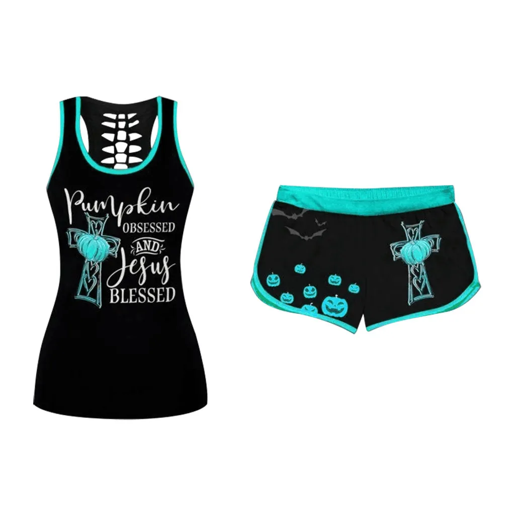 

Женский летний спортивный костюм с коротким рукавом и принтом, рубашка с коротким рукавом и шорты на завязках для Хэллоуина, 2020