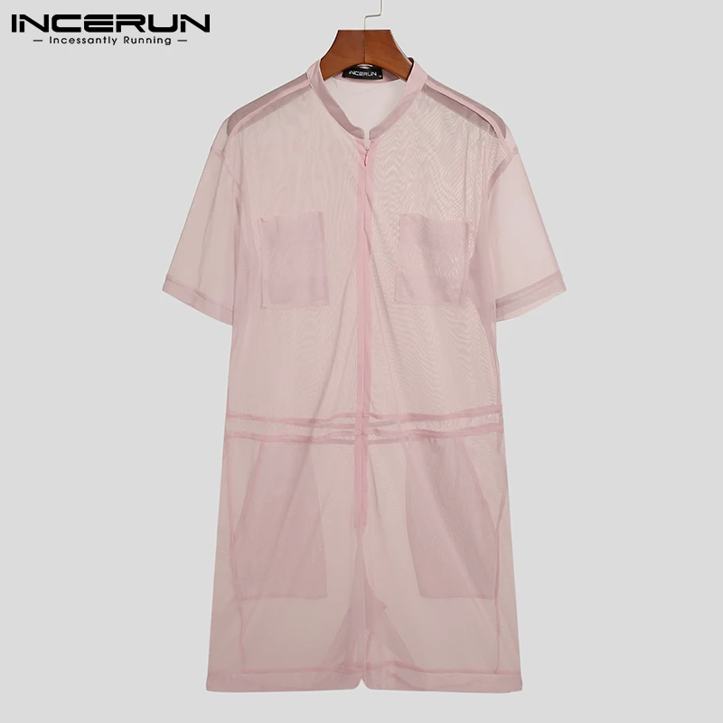 

Men Rompers Mesh See Through Homewear Short Sleeve Sexy 2021 Vacation Zipper Jumpsuit Solid Pockets Men Overalls S-5XL INCERUN