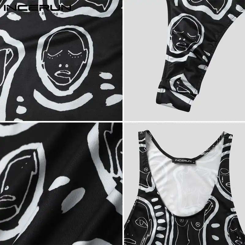 INCERUN New Men's Loungewear Hot Sale Printing Onesies Fashionable All-match Simple Jumpsuit Triangle Sleeveless Bodysuits S-5XL