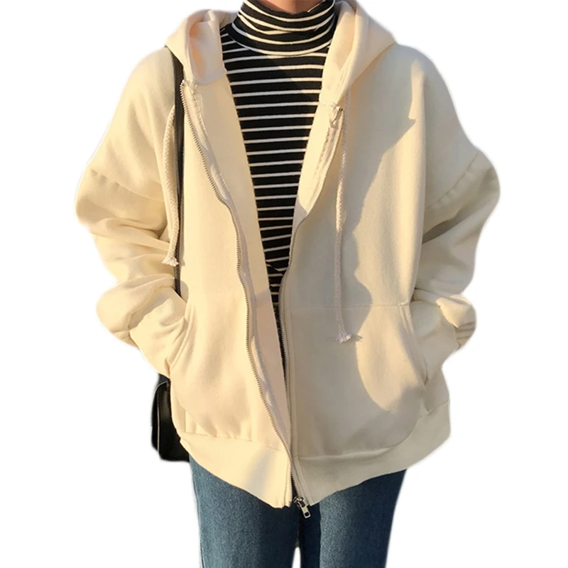 

Women Long Sleeve Hoodies Jacket Harajuku Solid Color Oversized Loose Zip Up Sweatshirt Thick Warm Coat with Big Pockets