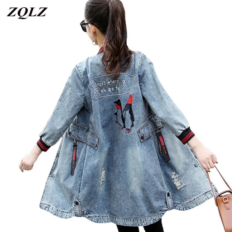 ZQLZ женская джинсовая куртка с вышивкой Весенняя длинная рваная большого размера