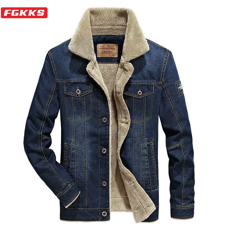 

FGKKS Trendy Brand Men Winter Denim Jacket 2020 New Men Fashion Solid Denim Jacket Fleece Thick Denim Jacket Coats Male