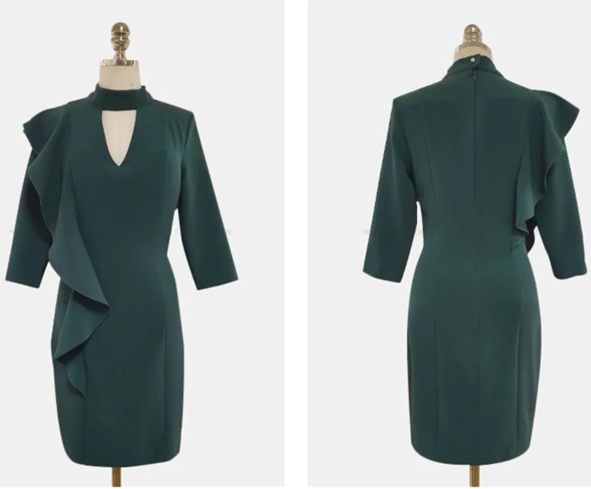 

BacklakeGirls Fashion Women Stand Collar Solid Office Dress Ruffles 3/4 Sleeve Vintage Party Vestidos Summer Casual Pencil Dress