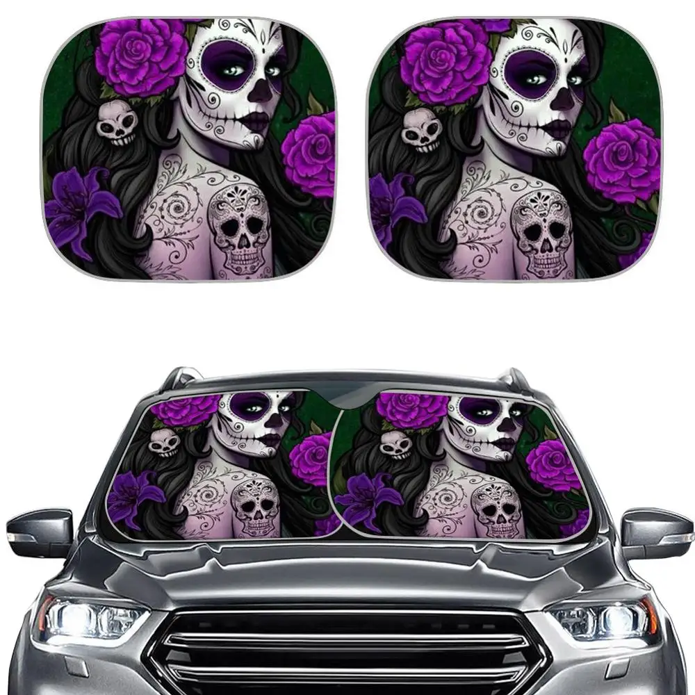 

INSTANTARTS Fashion Side Window Sunshade Day of the Dead Sugar Skull Flower Print 2pcs/Set Car Sunshades for Side Windows UV Sun