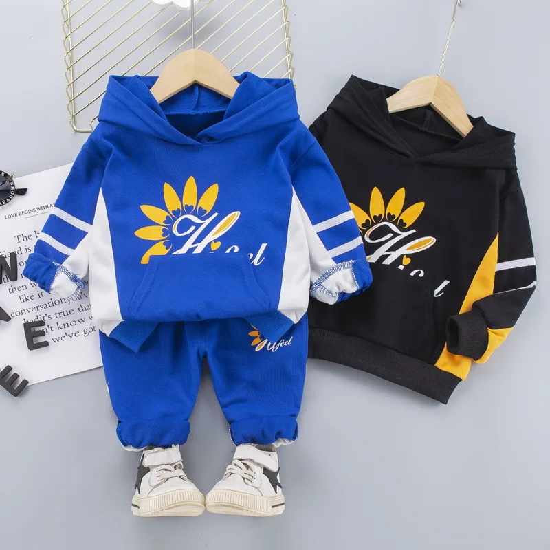 

New spring and autumn children's wear standing collar letter splicing long sleeve pants two piece set 012345
