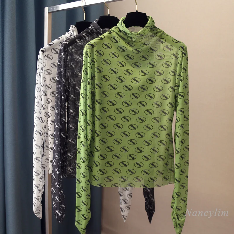 

Turtleneck Mesh T Shirt Women Fashion Printed Long Sleeve Elastic T-shirts Female Bottom Tops Summer Autumn 2021 Nancylim