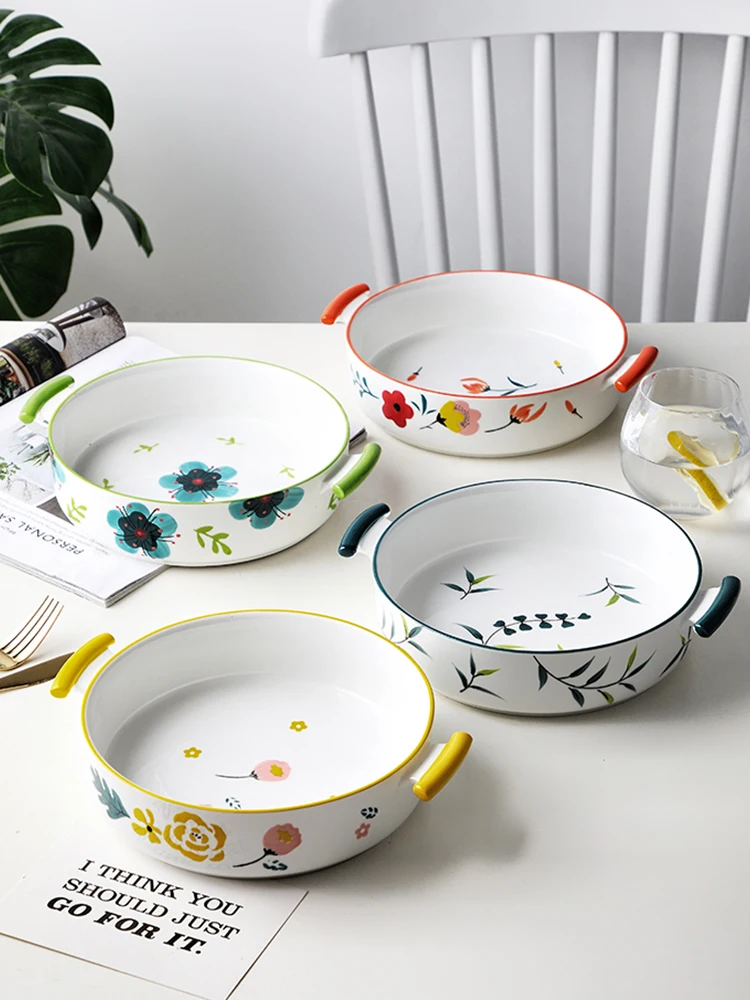 

Nordic Creative Binaural Ceramic Bake Pan Round Oven Supply Tableware 7.5 Inch Cheese Pasta Plate