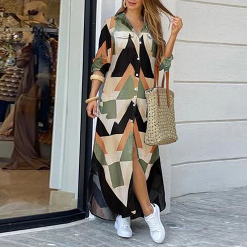 

Casual Dress Shirt Dress Loose Maxi Dress Single-breasted Irregular Split Spring Autumn Elegant Fashion Sexy Female Print Dress