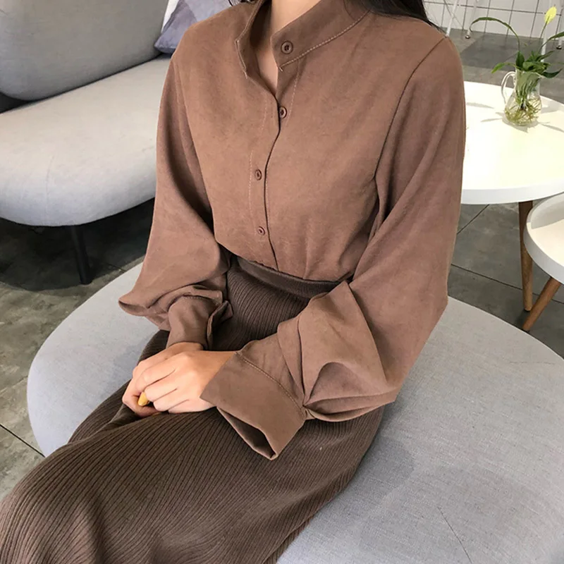 2019 зимняя женская Повседневная Блузка Корейская Осенняя модная Однотонная