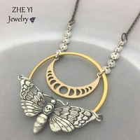 zheyi vintage skull face butterfly pendant necklace for women bohemian style moon link chain necklaces female punk party jewelry