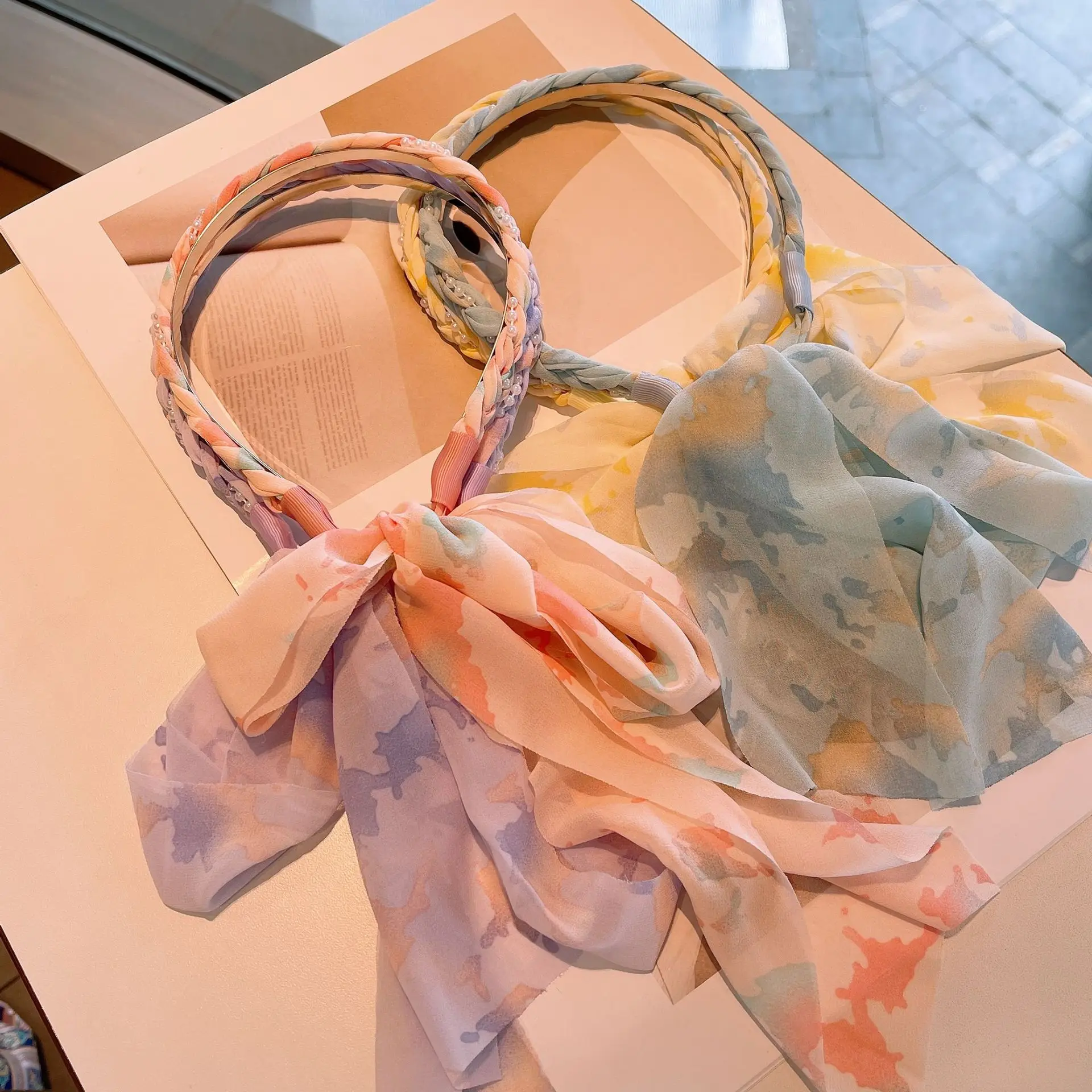 Сетчатая пряжа жемчужная шпилька для волос чернильная роспись широкополая лента