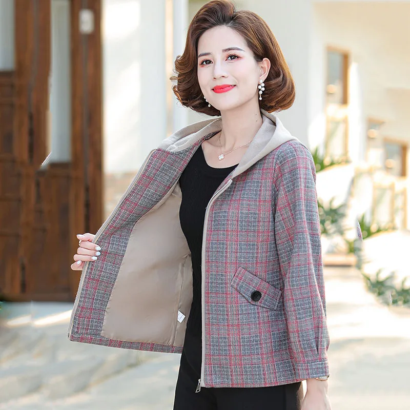 2021 New Spring Autumn Plaid Women's Jacket Middle-Aged Elderly Mothers Woolen Coat Elegant Casual Short Windbreaker Outerwear | Женская