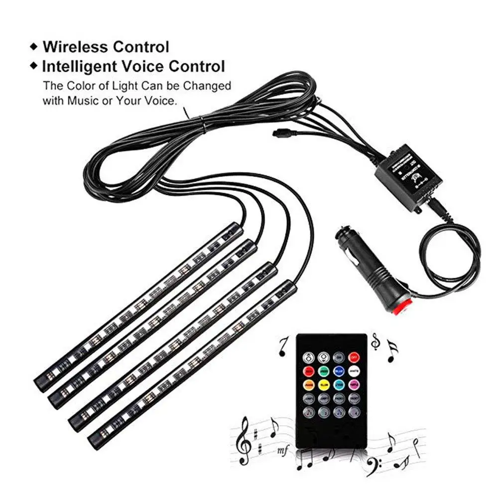 구매 4pcs/set 22cm LED Strip Car Styling Air Atmosphere Interior Car Light RGB 8 Color Ambient Infrared Remote Wireless Music Control