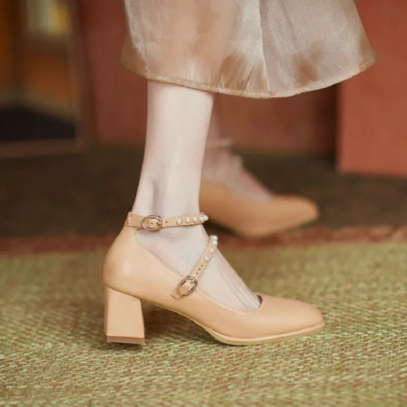 

ZawsThia 2021 Spring New Chic Charm Lady Chunky High Heeled Mary Janes Shoes Pearls Buckle Strap Women Pumps Big Size 33-48 Heel