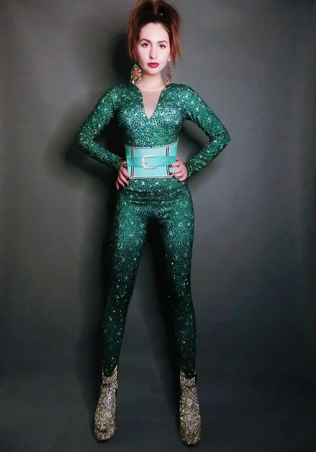 Female Singer Bar Nightclub Concert Costume Green Rhinestones Tight-fitting Jumpsuit Evening Performance Birthday Party Jumpsuit