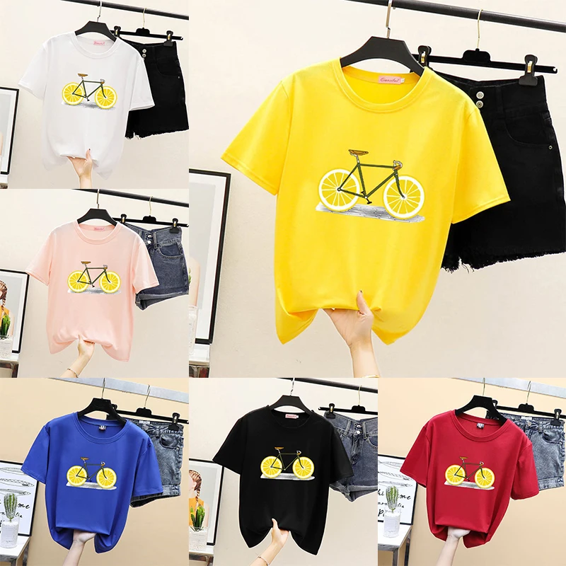 Летняя новая футболка модная повседневная с принтом лимонного велосипеда
