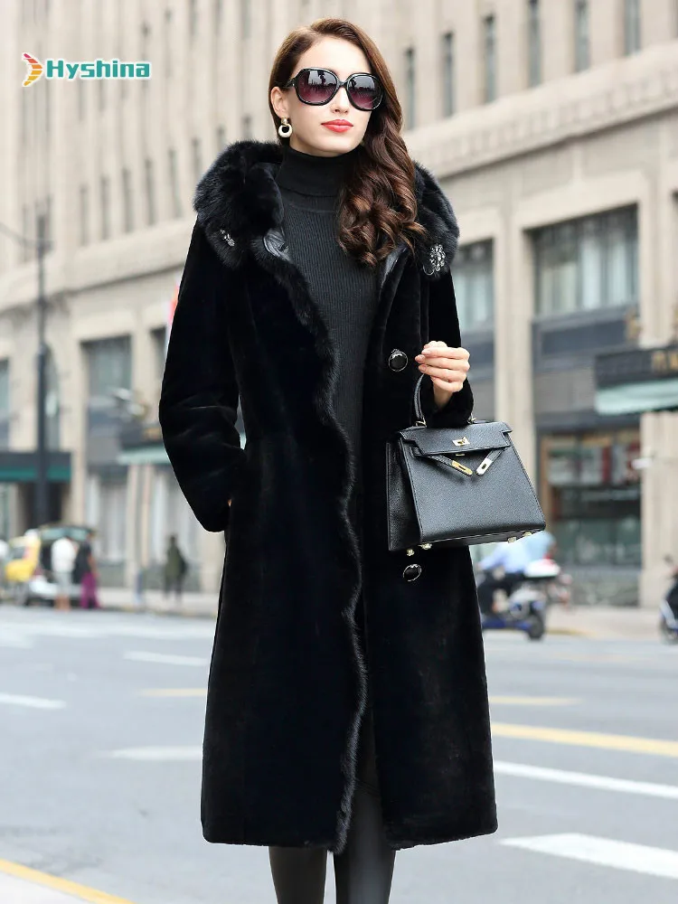 

Mink Fur Collar Fur Coat Women's Long New Winter Sheep Sheared Fur One Piece Coat with Hood