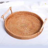 rattan handwoven round high wall serving tray food storage platters plate over handles for breakfast drink snack for coffee tea