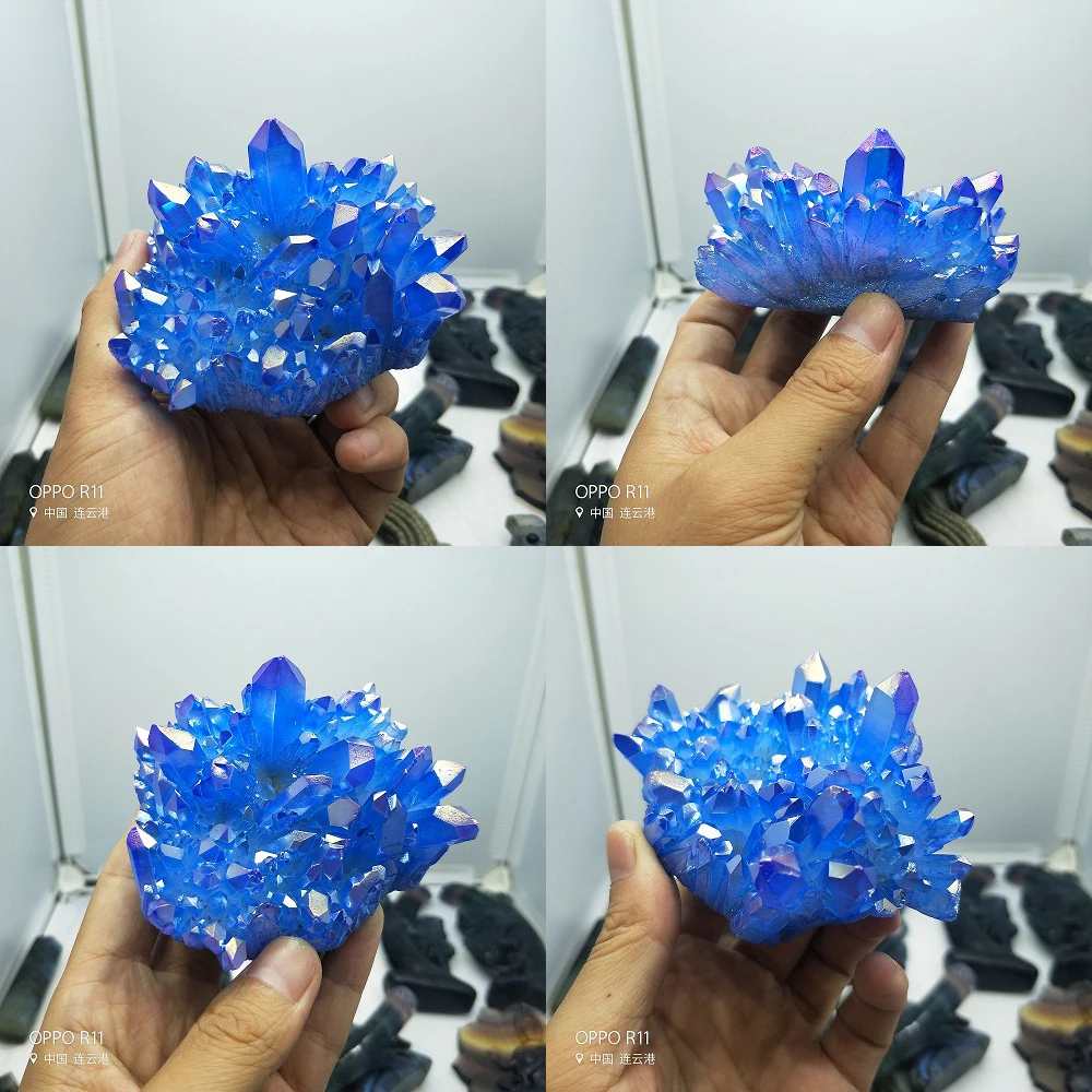 Phantom Blue натуральный Титан с покрытием Рок Кварцевый кластер Geode Druzy Кварцевый Минеральный Sampl