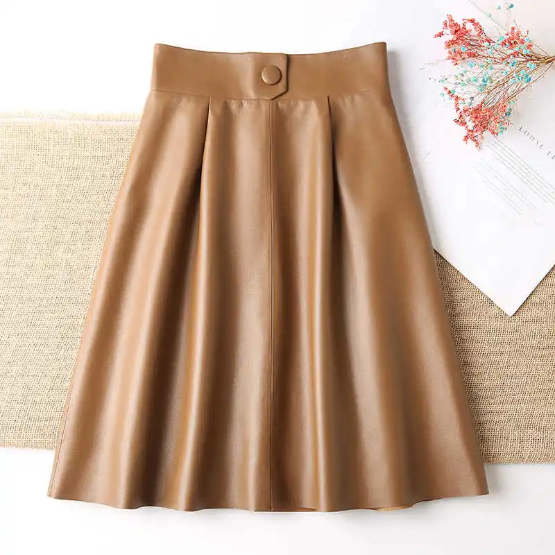 

elegant OL Chic Leather pleated Skirts Autumn Women's High Quality Sheepskin High-rise Leather Skirts C595