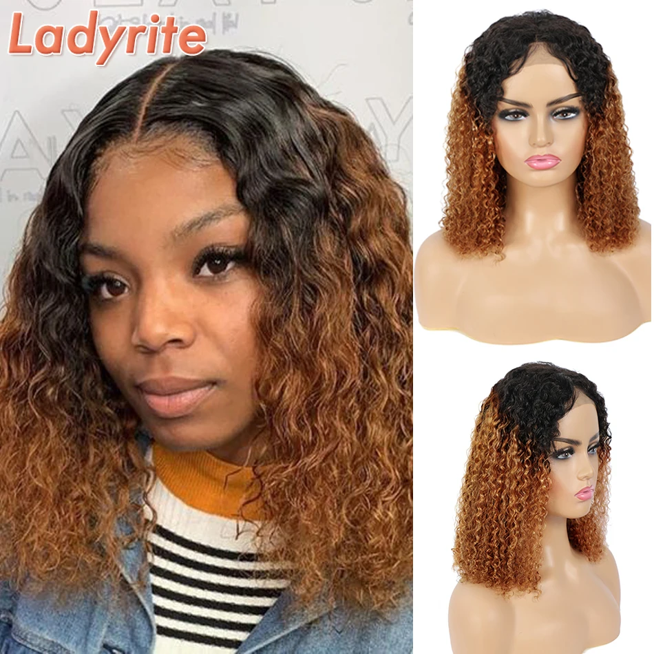

Ombre Human Hair Bob Wigs For Black Women T1B/30 4x4 Lace Closure Wigs Remy Short Brazilian Kinky Curly Closure Wig Ladyrite