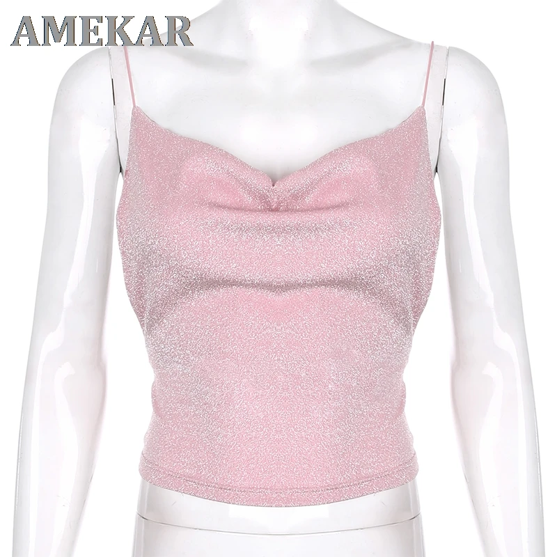 

Spaghetti Straps female T-shirt Glitter backless tops loose spring 2020 simple women tee chrismas party outfits