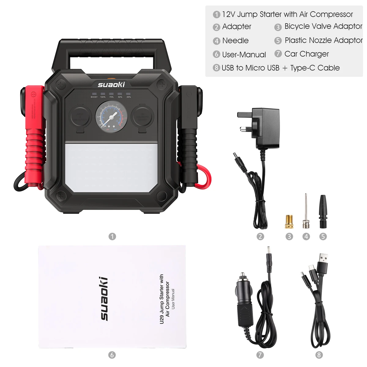 Suaoki U29 4-в-1 автомобиль скачок стартер 2000 пиковые усилители с 150 фунтов/кв. дюйм