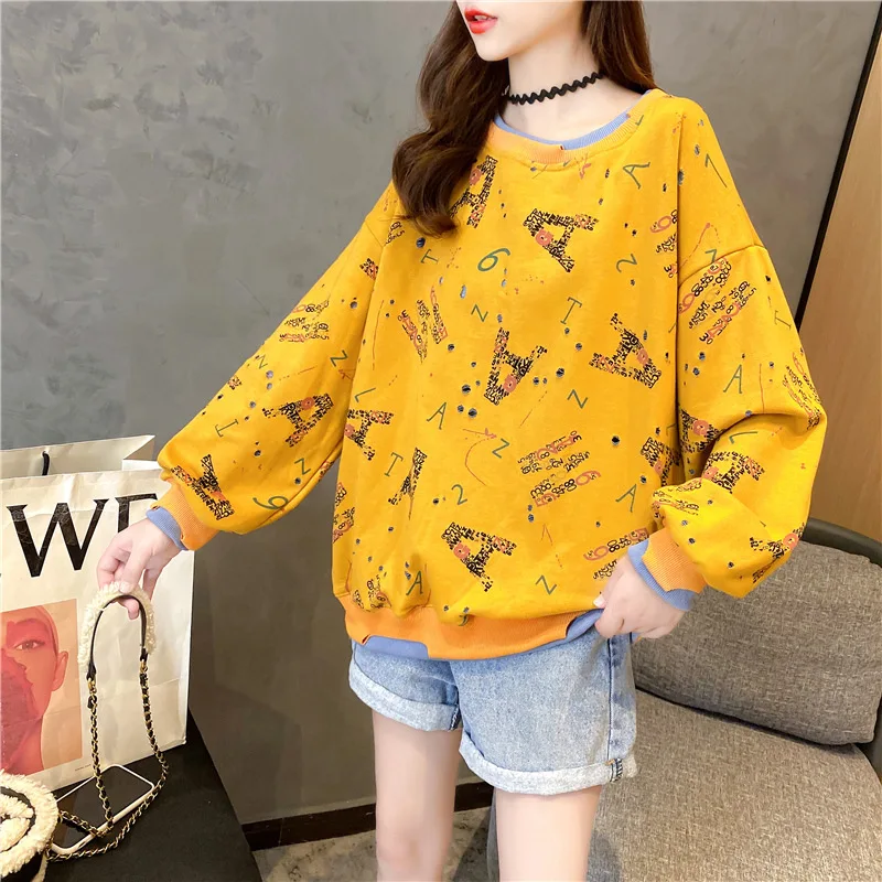 

New 2021 Korean Spring and Autumn Clothing Fashion Alphabet Print Hoodie Loose Women Coat with Round Neck Hoodies Women