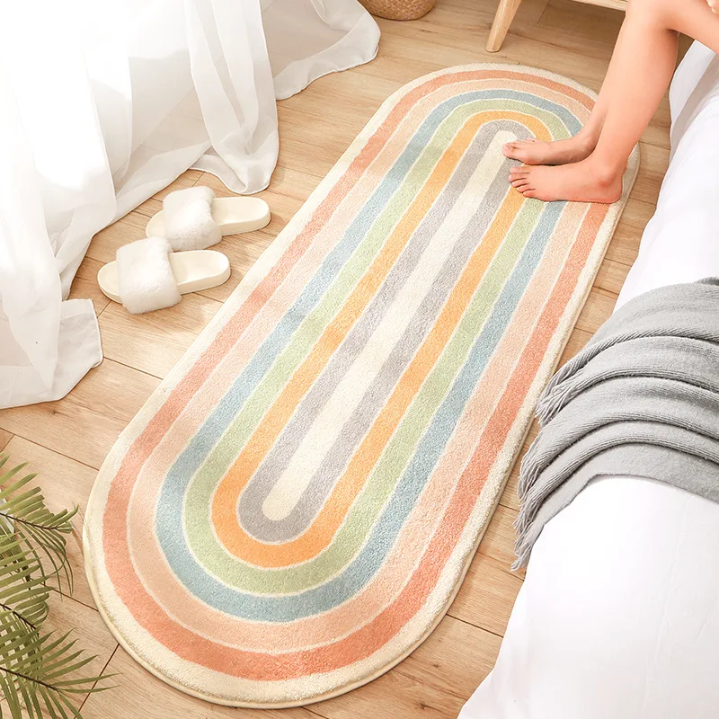 

1PC Oval Furry Rainbow Rug Bedroom Long Foot Mat Soft Lamb Wool Living Room Bedside Carpet Non-Slip Absorbent Door Mats Decor