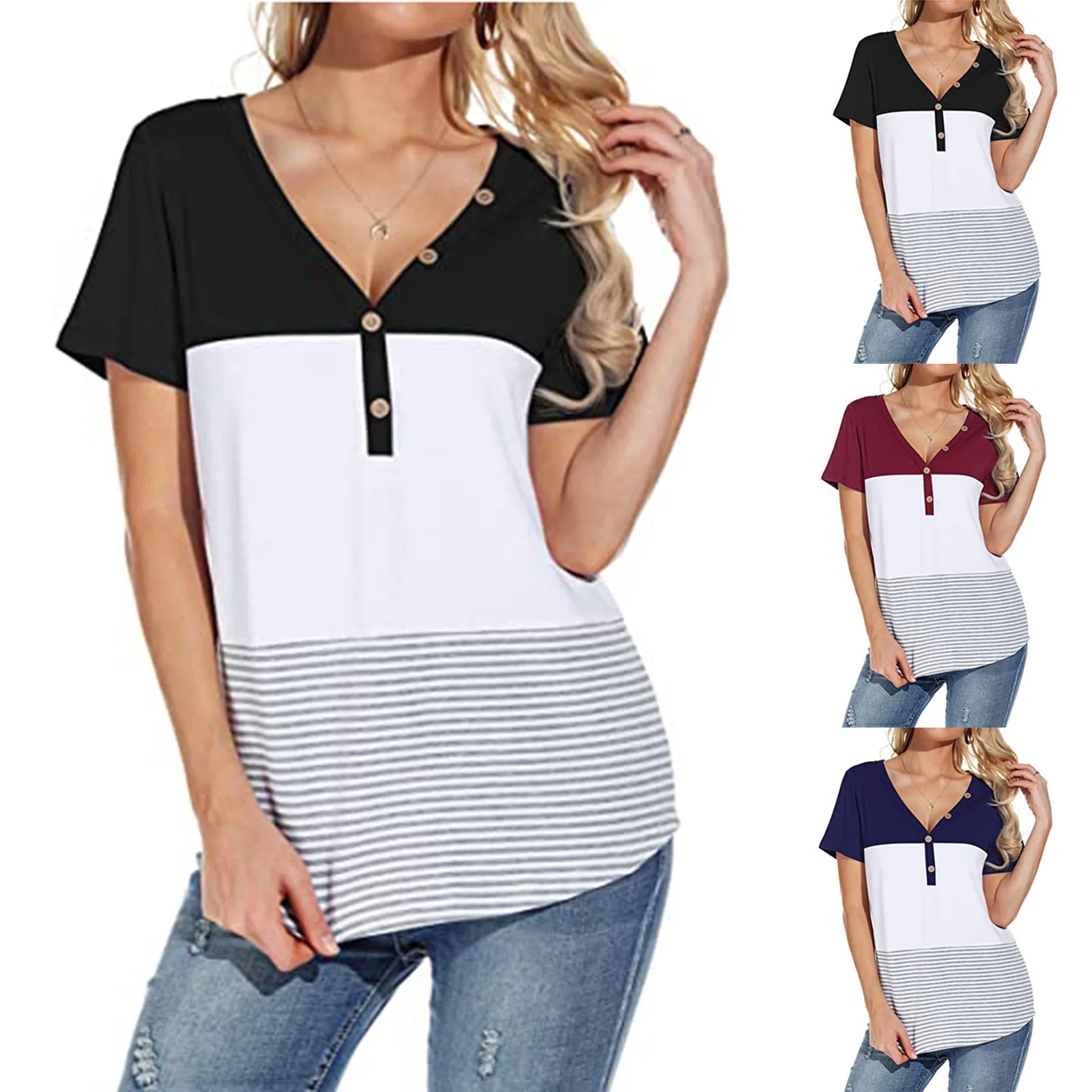 

2021 Plus Size Ladies T-shirt Summer Short-sleeved Casual Stitching Color Matching Short-sleeved V-neck Button Shirt Shirt