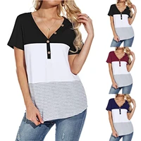 2021 plus size ladies t shirt summer short sleeved casual stitching color matching short sleeved v neck button shirt shirt
