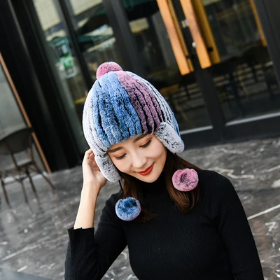 multicolor B Вязаные шапки-бомберы из меха кролика Рекс, женские зимние модные меховые шапки с протектором для ушей, шапки из натурального меха - Цвет: multicolor B
